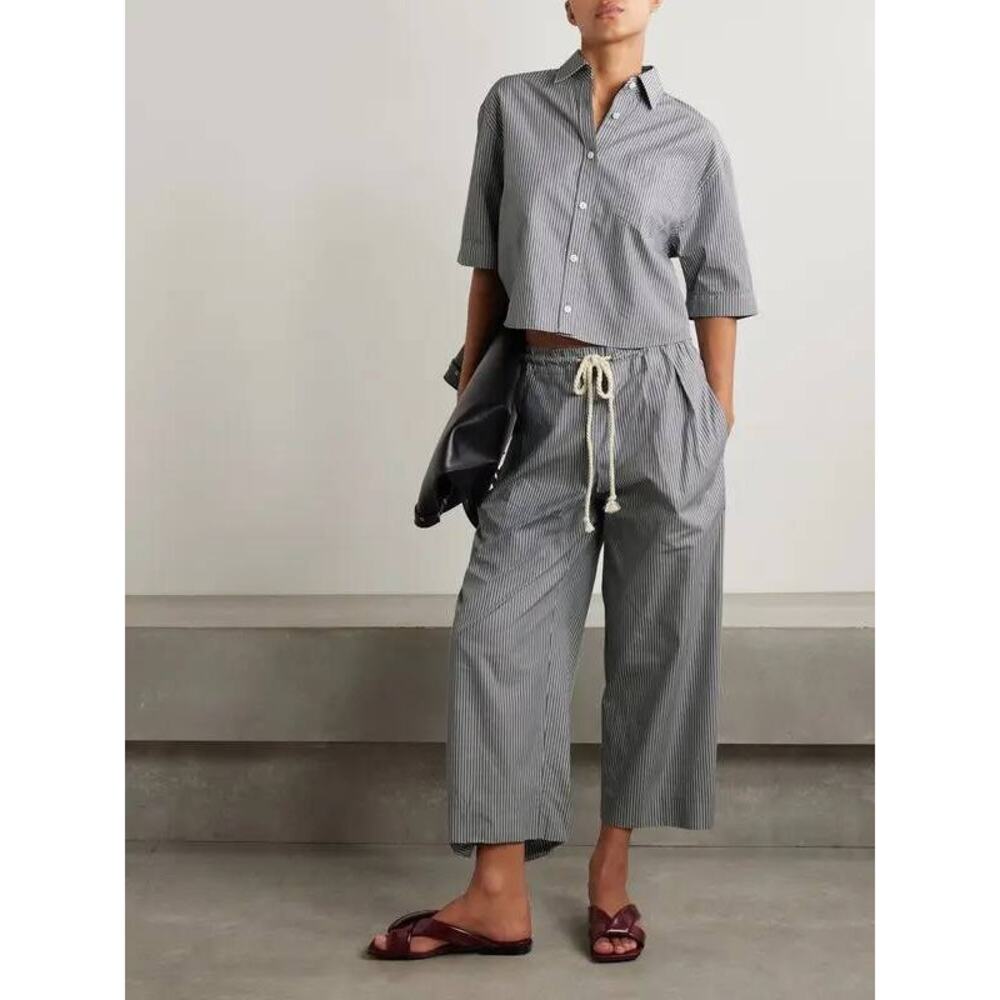 Cropped Pinstripe Button-Down Crop Top - Gray